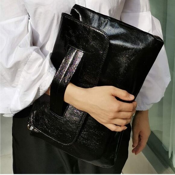 Shiny Black Boho Envelope Bag Vegan Leather